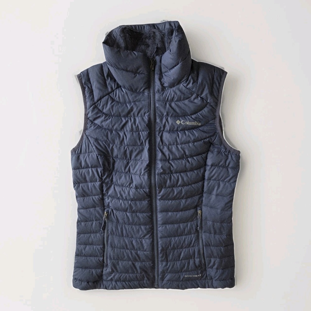 Columbia Womens Omni-Heat Puffer Vest Navy Blue Full Zip Fleece Collar Small